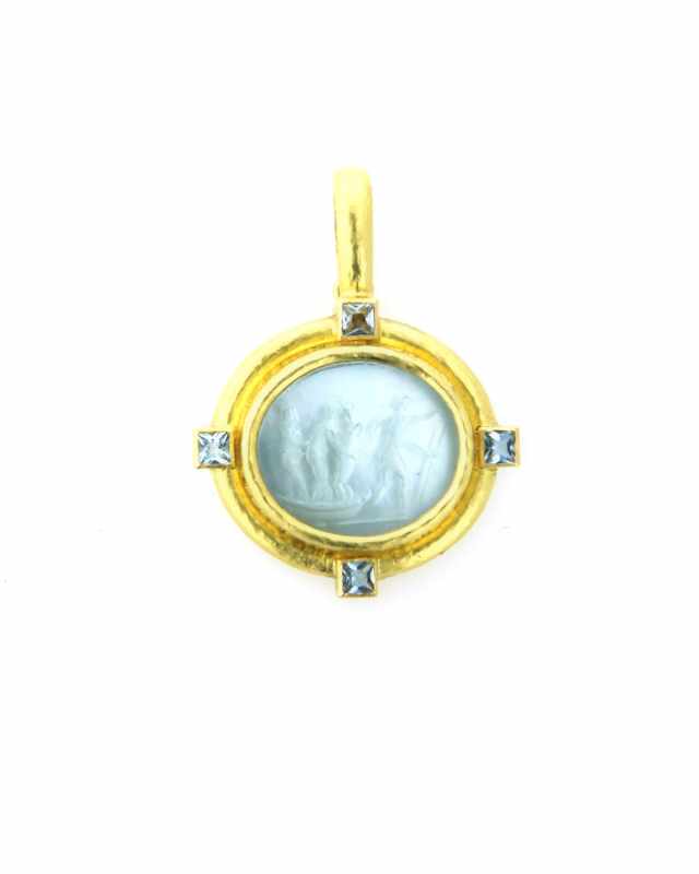 Goddess on Boat Intaglio 19k Gold Pendant, Light Aqua